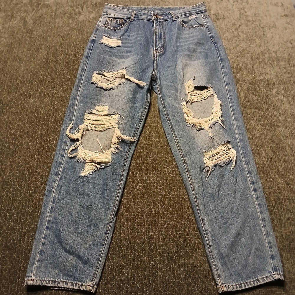 Shien Distressed High Waisted Straight Leg Ripped Jeans Light Wash 32x27 Sz 8